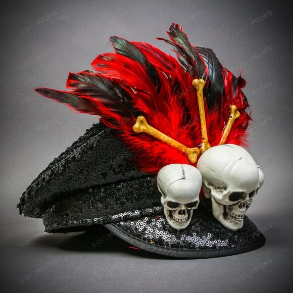 Halloween Red Feather Voodoo White Skull Fisherman Military Party Cap Black - Picture 4 of 6